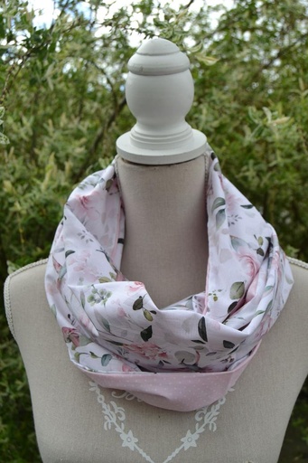 Snood Blanc fleuri, rose à pois