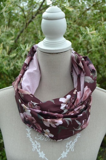 Snood lie de vin fleuri, rose à pois