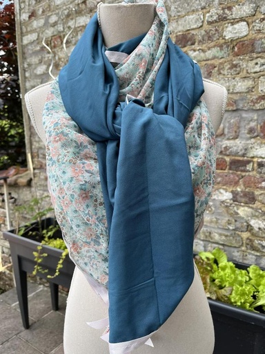 Foulard 4 carrés bleu fleuri