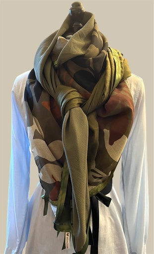 Foulard 4 carrés fleuri kaki